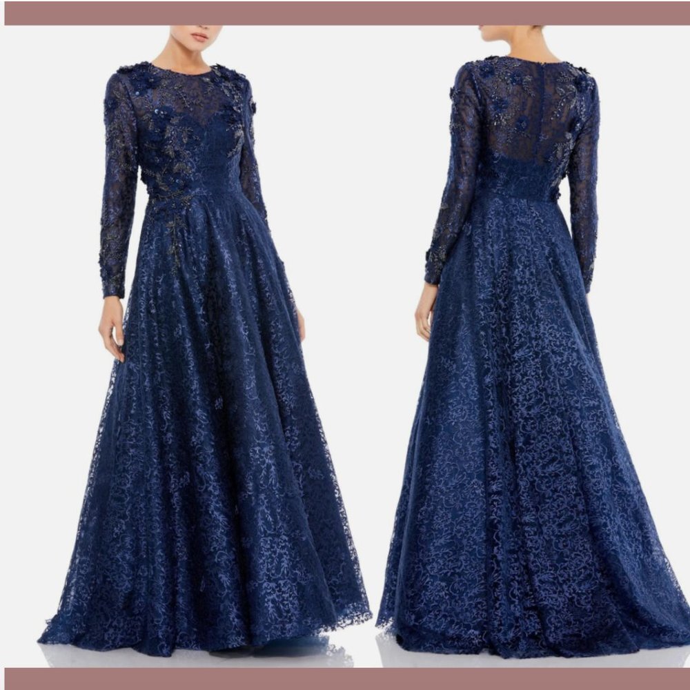 NWT $998 Mac Duggal [ 14 ] Floral Embellished Long Sleeve A-Lone Gown‎ Navy Q472